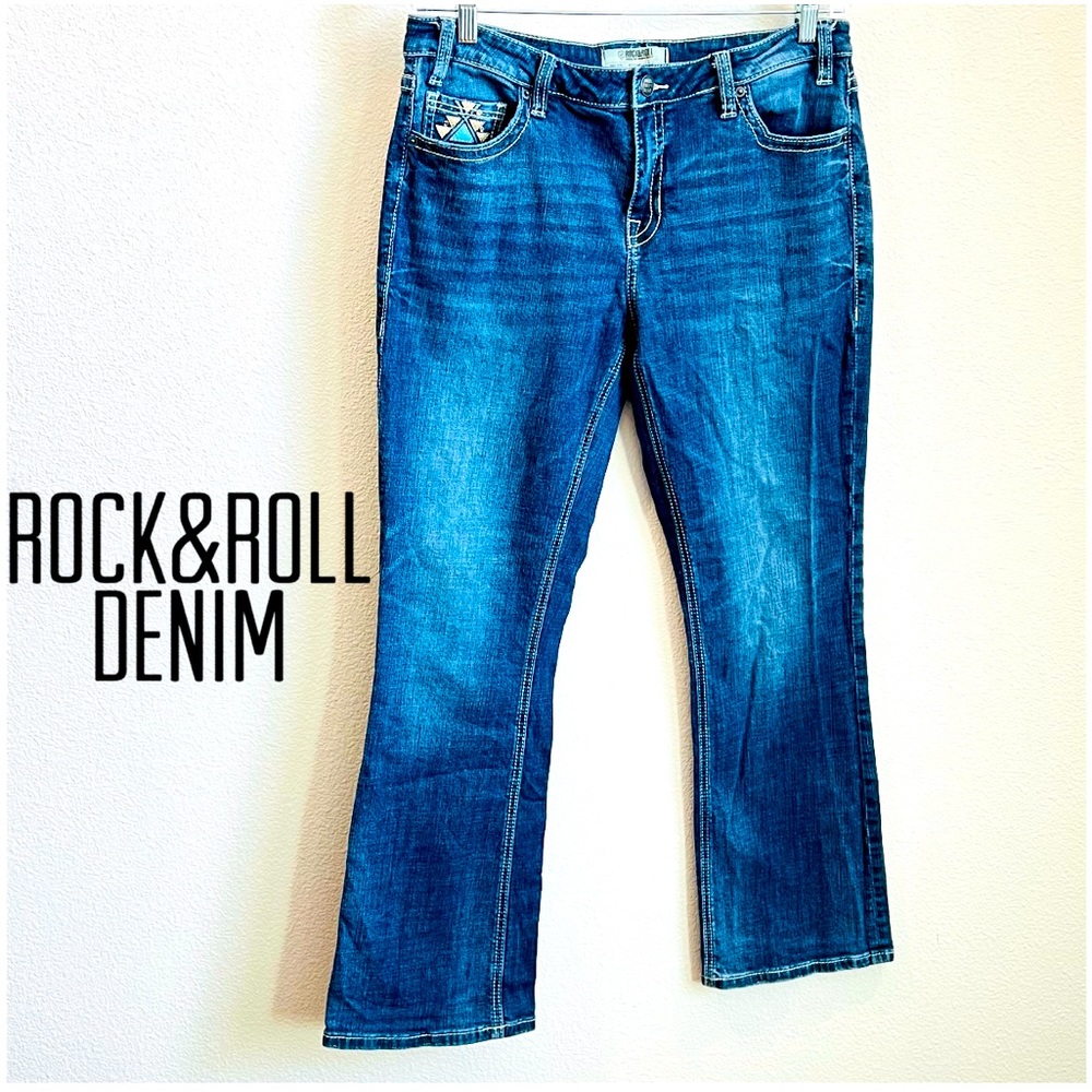 Rock&Roll Denim women Dk blue wash bootcut jeans mid rise decorative Sz W 31 L32